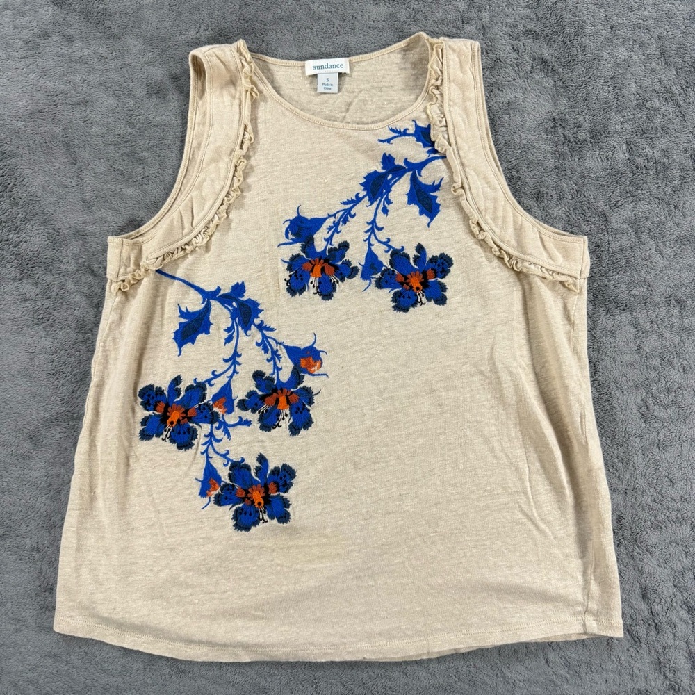 Sundance Cream Tank Top with Blue and Orange Floral Embroidery
